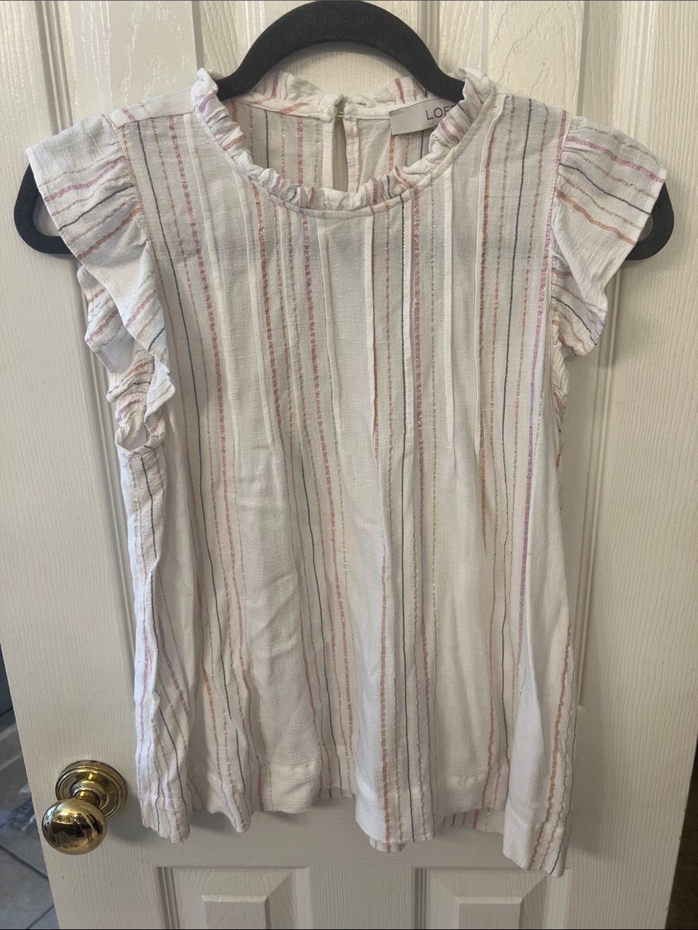 LOFT White Sleeveless Ruffle-Neck Striped Tunic with Pink & Tan Accents
